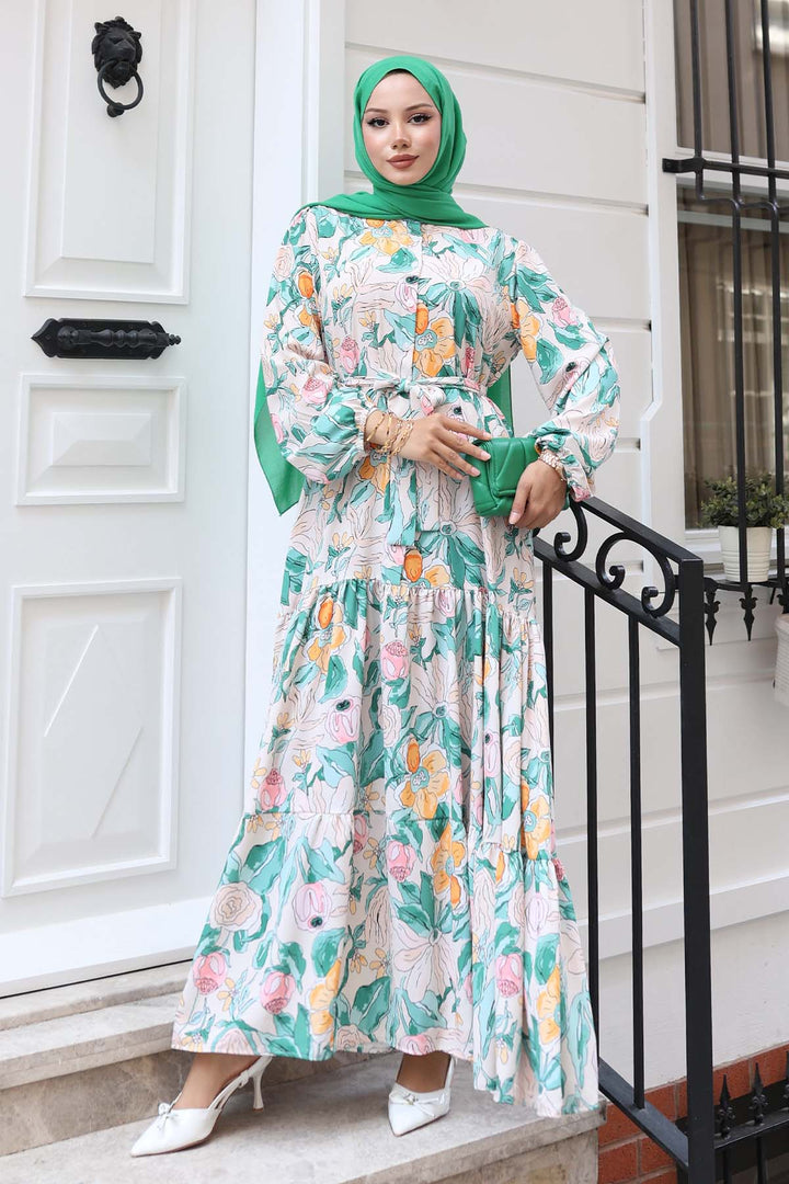 BNG Women Patterned Hijab Dress Green 523 - Calais
