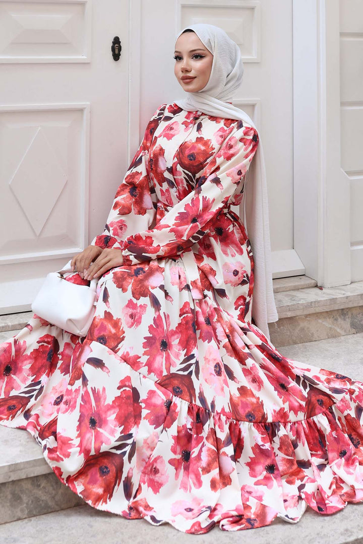 BNG Women Patterned Hijab Dress Red 524 - San Fernando