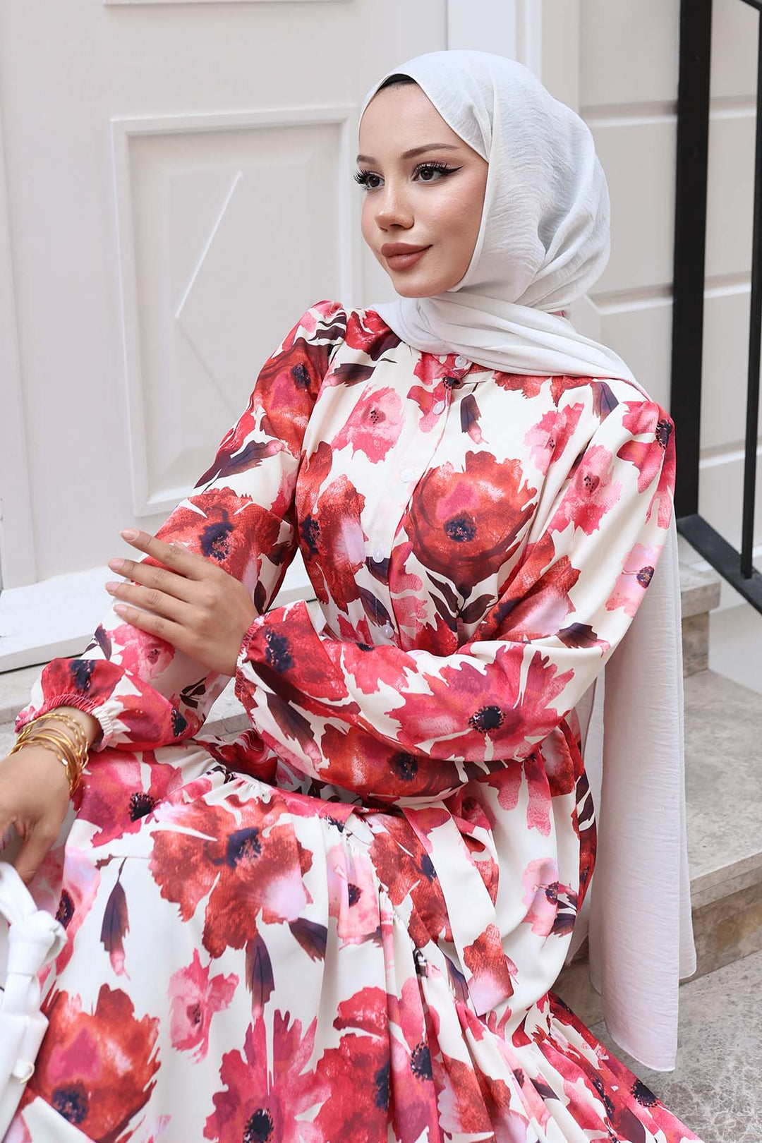 BNG Women Patterned Hijab Dress Red 524 - San Fernando