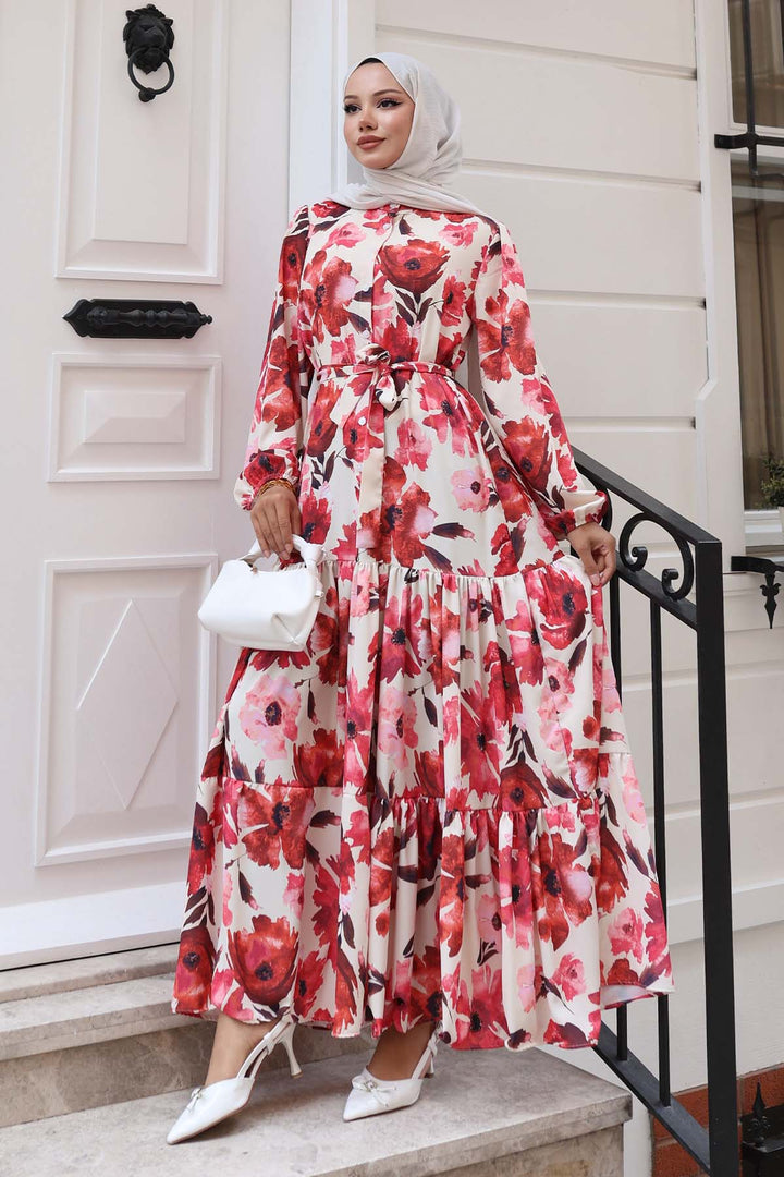 BNG Women Patterned Hijab Dress Red 524 - San Fernando