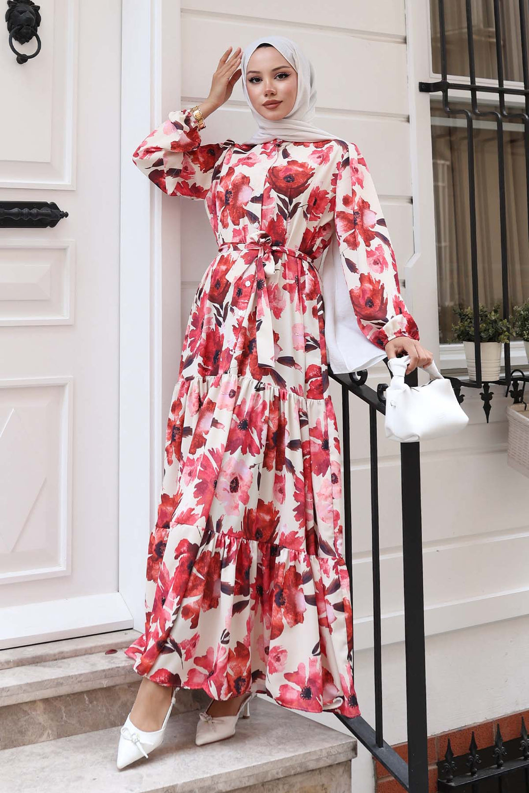 BNG Women Patterned Hijab Dress Red 524 - San Fernando