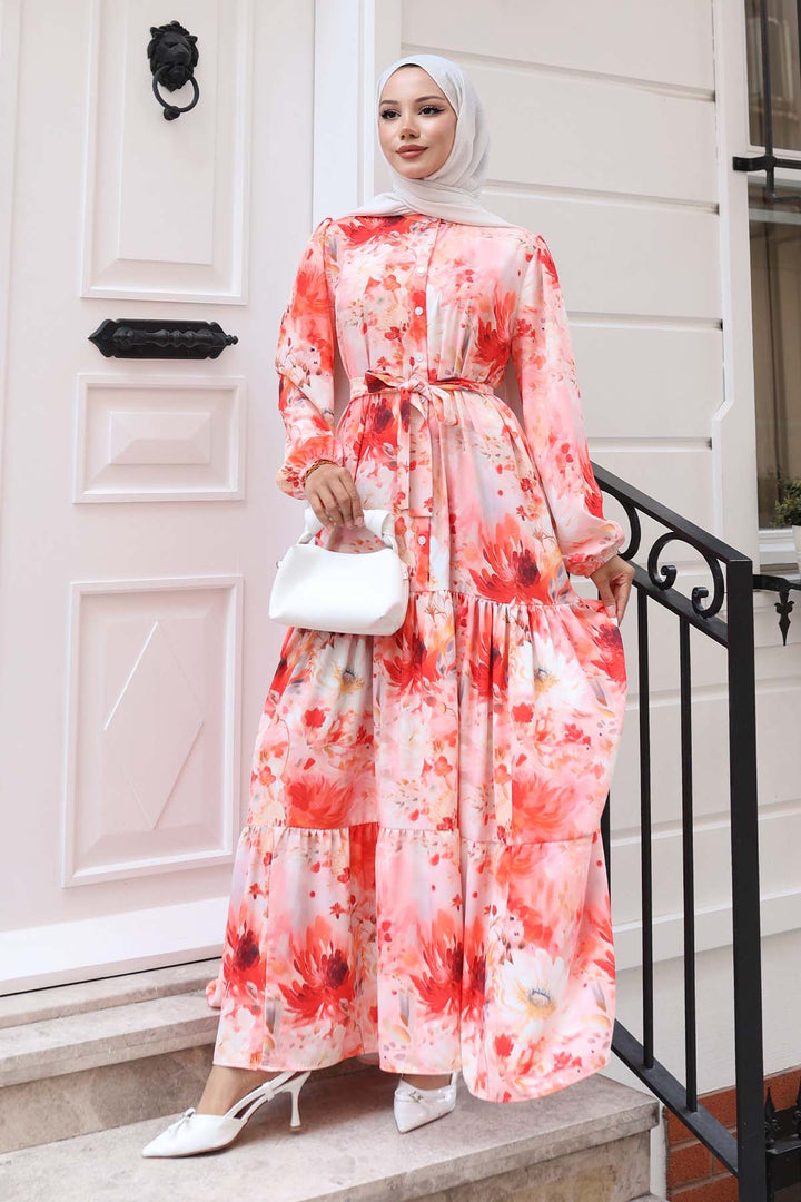 BNG Women Patterned Hijab Dress Salmon 526 - Chapel Hill