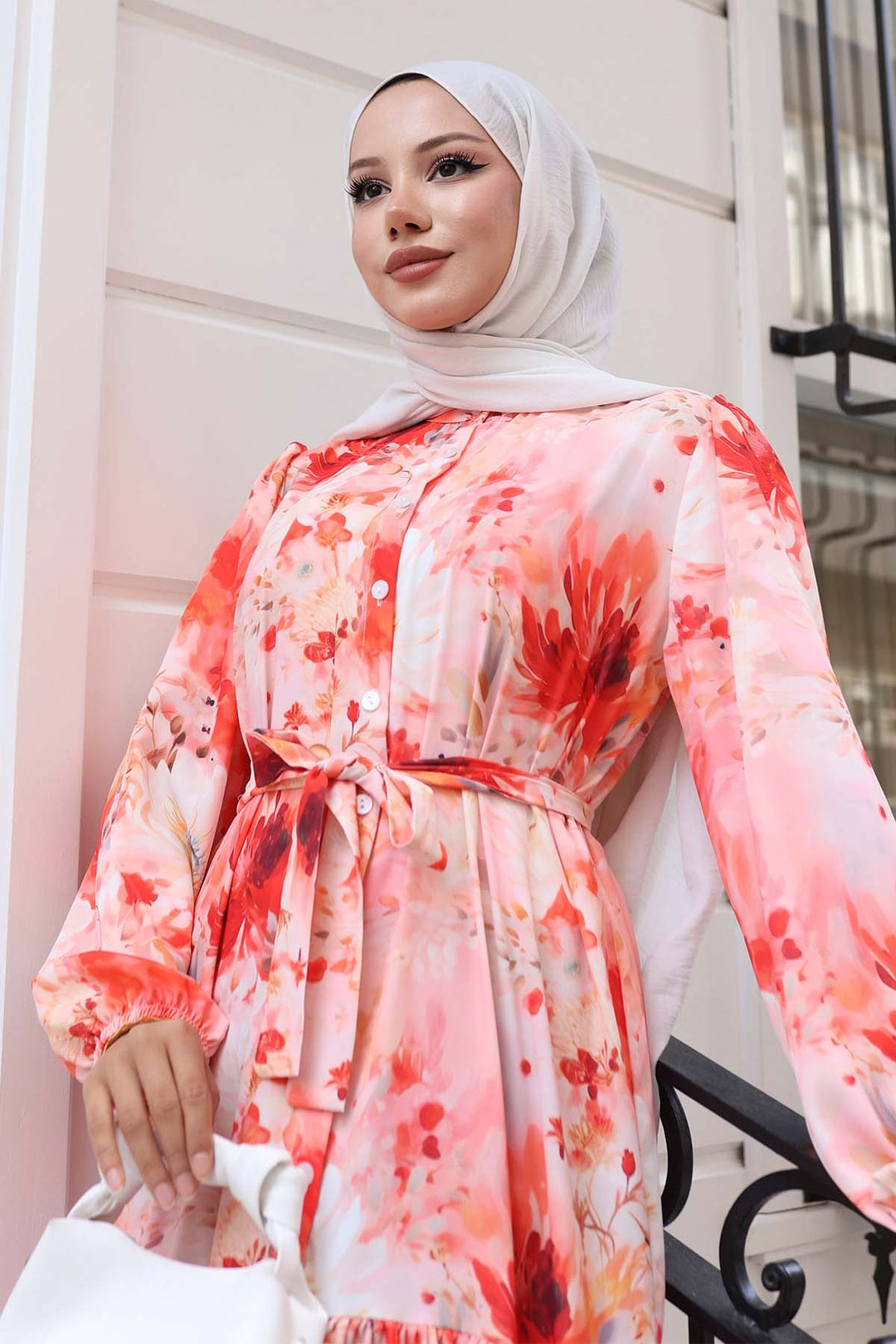 BNG Women Patterned Hijab Dress Salmon 526 - Chapel Hill