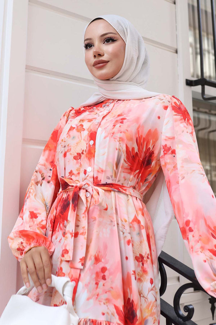 BNG Women Patterned Hijab Dress Salmon 526 - Chapel Hill