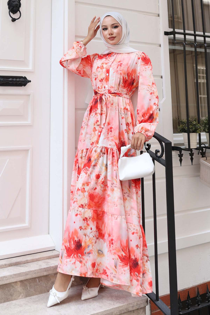 BNG Women Patterned Hijab Dress Salmon 526 - Chapel Hill