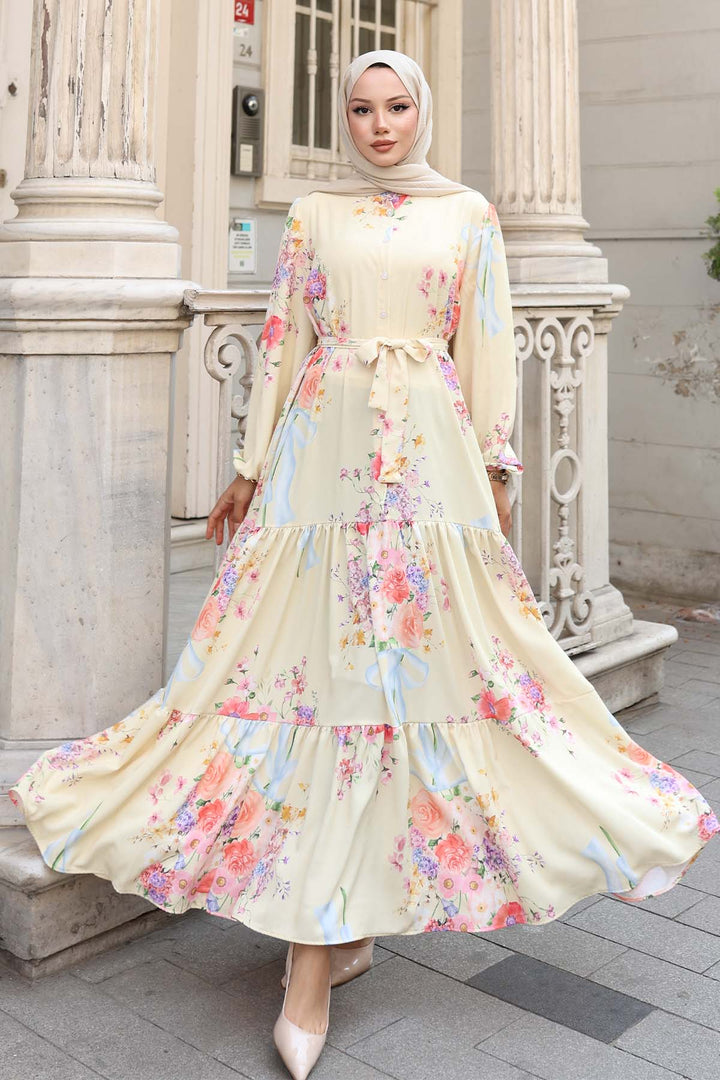 BNG Women Patterned Hijab Dress Lemon Yellow 513 - Waterloo