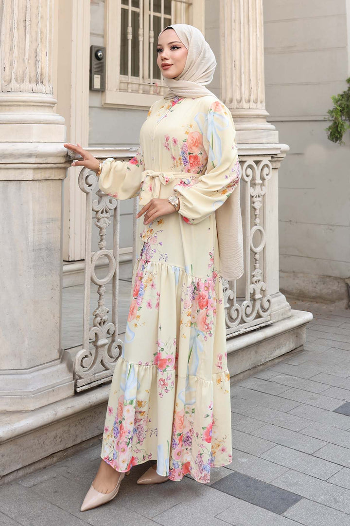 BNG Women Patterned Hijab Dress Lemon Yellow 513 - Waterloo