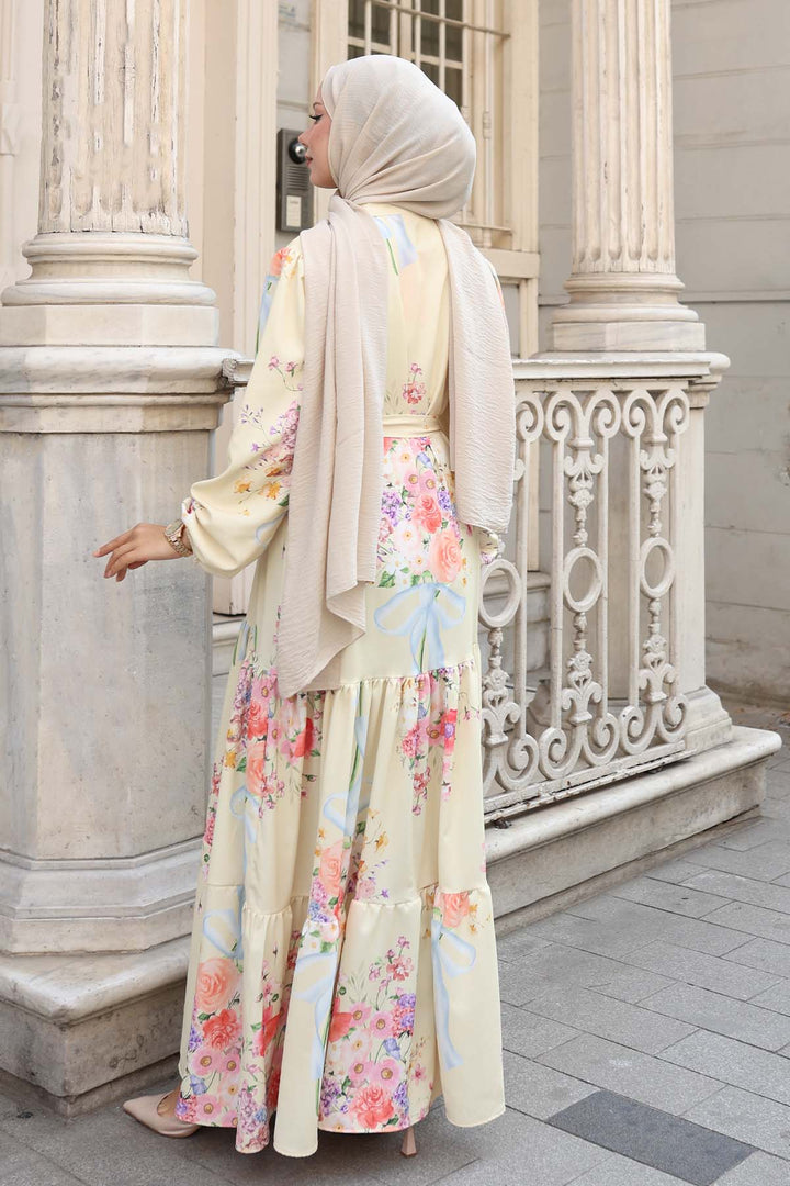 BNG Women Patterned Hijab Dress Lemon Yellow 513 - Waterloo