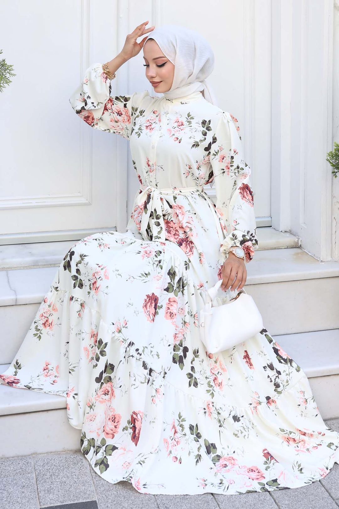 BNG Women Patterned Hijab Dress Ecru 517 - Weslaco