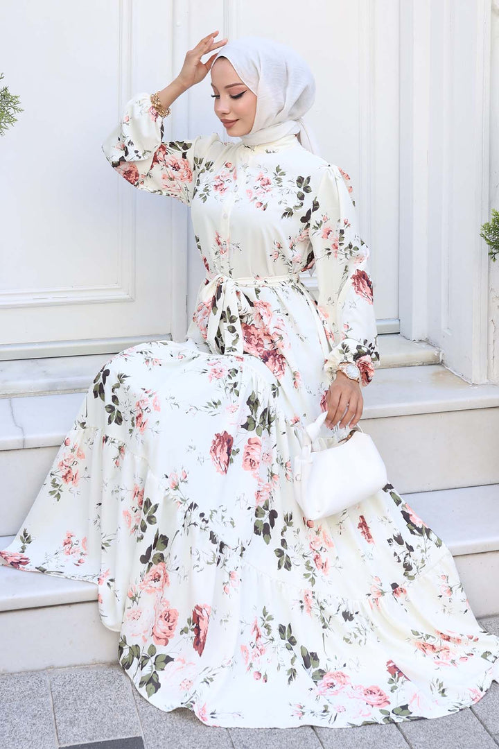 BNG Women Patterned Hijab Dress Ecru 517 - Weslaco