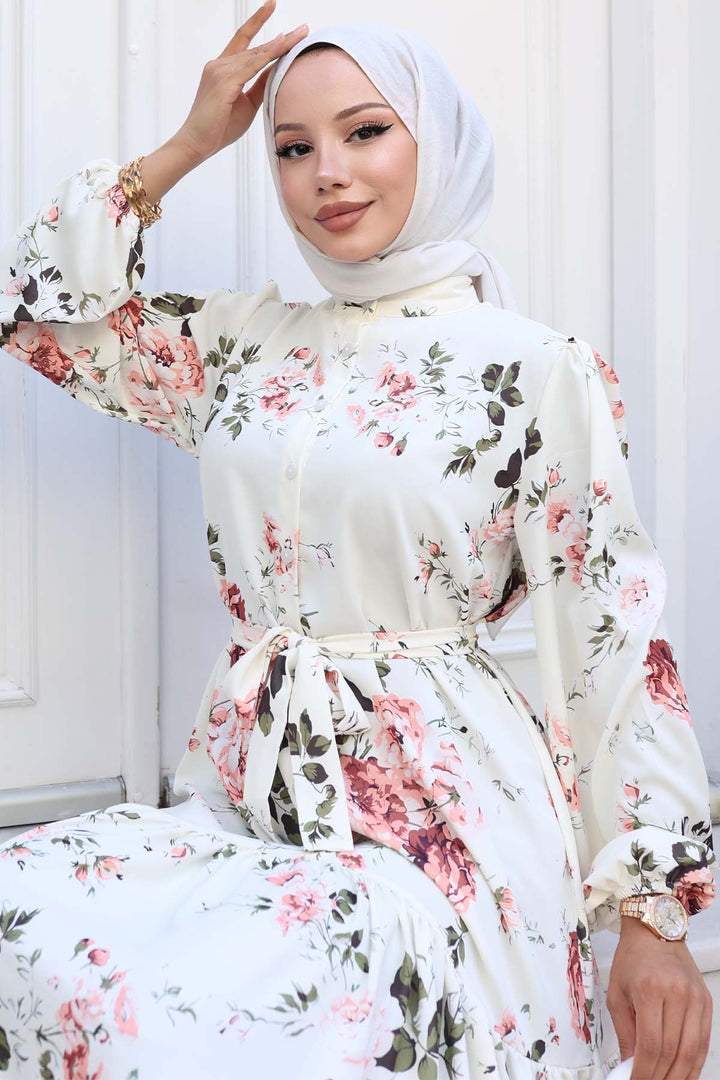 BNG Women Patterned Hijab Dress Ecru 517 - Weslaco