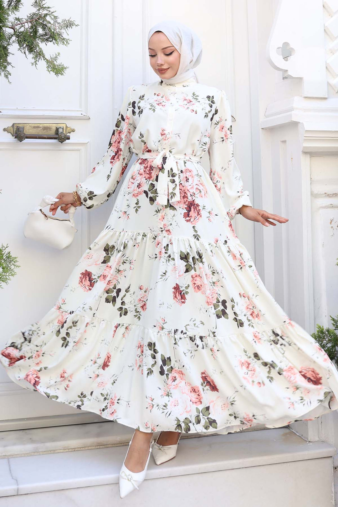 BNG Women Patterned Hijab Dress Ecru 517 - Weslaco