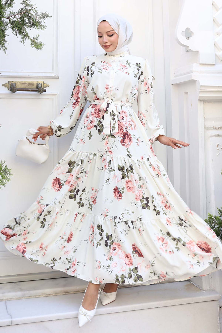 BNG Women Patterned Hijab Dress Ecru 517 - Weslaco