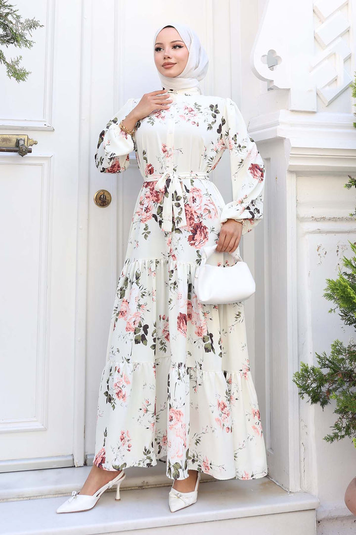 BNG Women Patterned Hijab Dress Ecru 517 - Weslaco