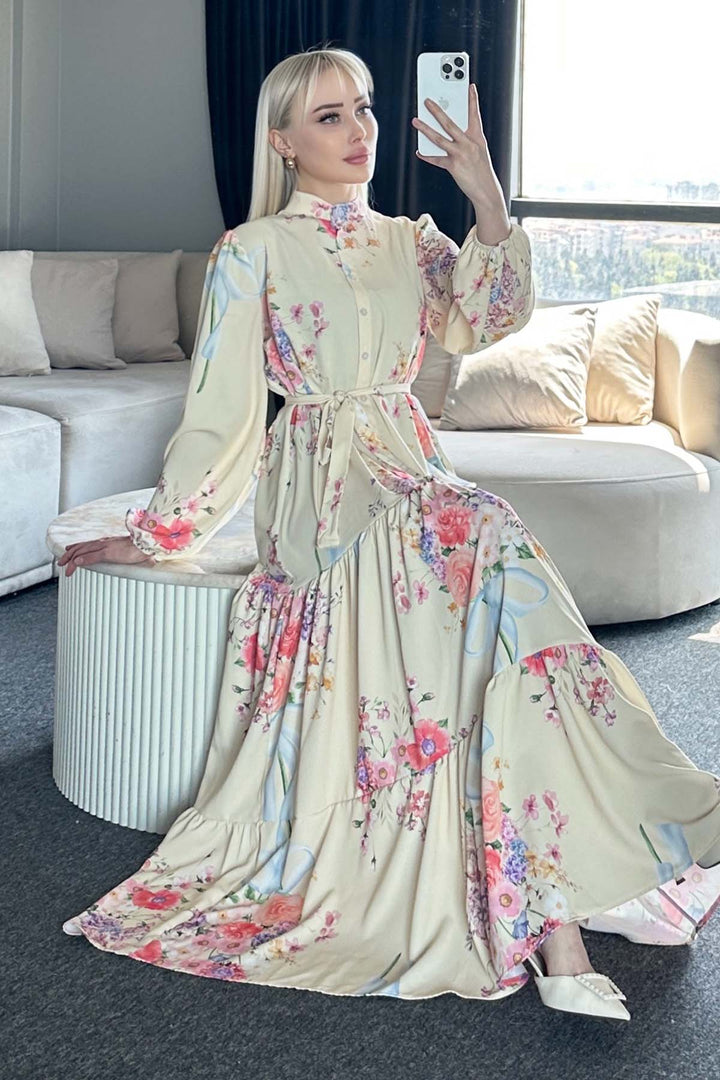 BNG Women Patterned Hijab Dress Lemon Yellow 513 - Salinas Victoria