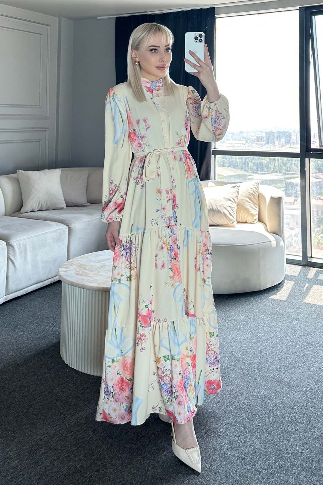 BNG Women Patterned Hijab Dress Lemon Yellow 513 - Salinas Victoria