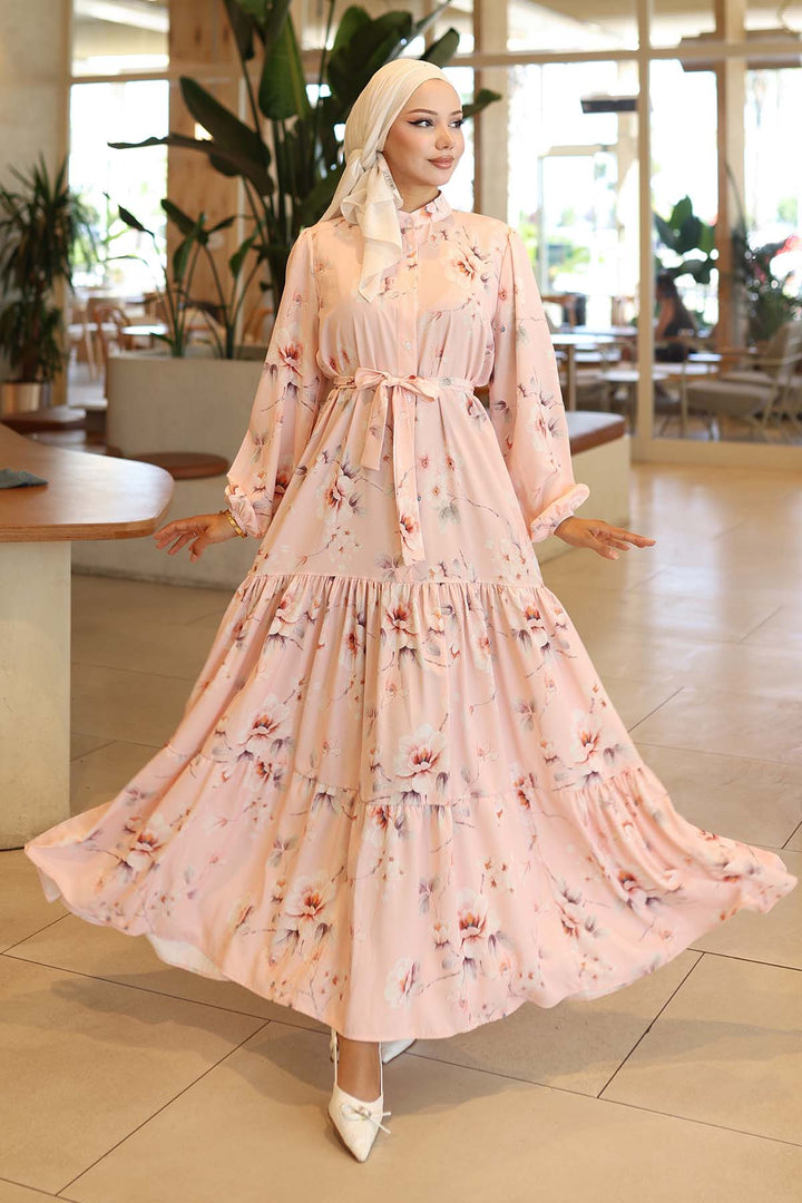 BNG Women Patterned Hijab Dress Powder 563 - Wesel