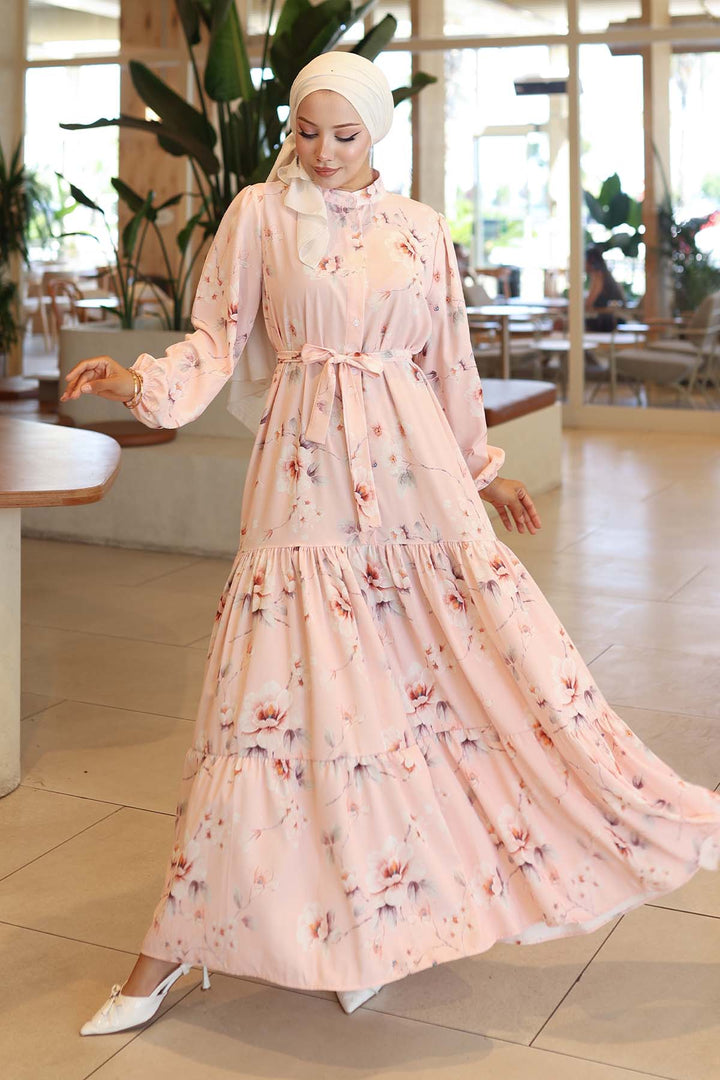 BNG Women Patterned Hijab Dress Powder 563 - Wesel