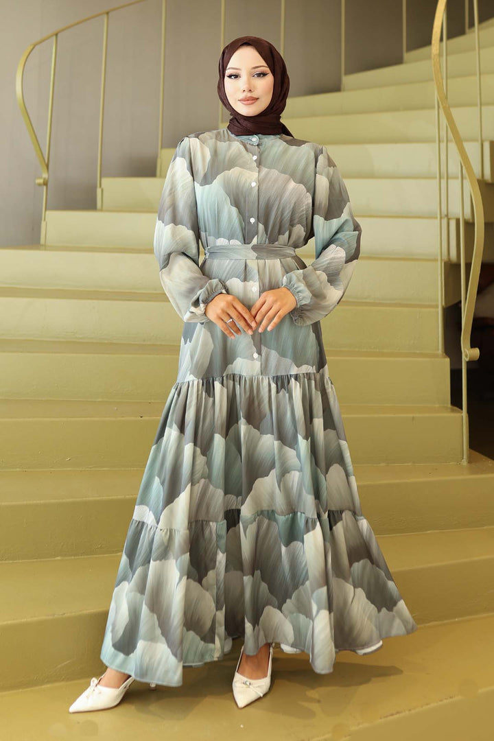 BNG Women Patterned Hijab Dress Green 563 - Vittoria