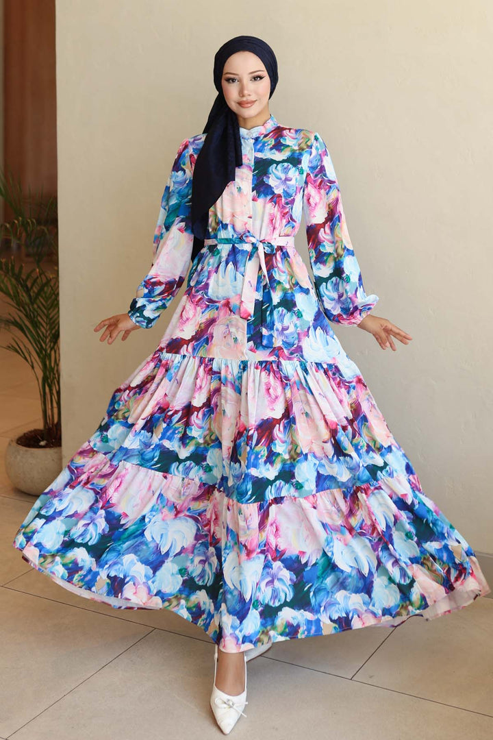 BNG Women Patterned Hijab Dress Sax Blue 564 - Wichita