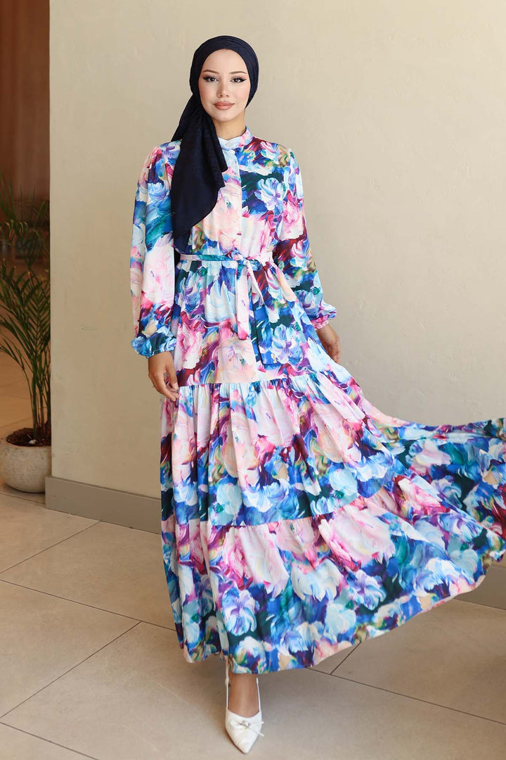 BNG Women Patterned Hijab Dress Sax Blue 564 - Wichita