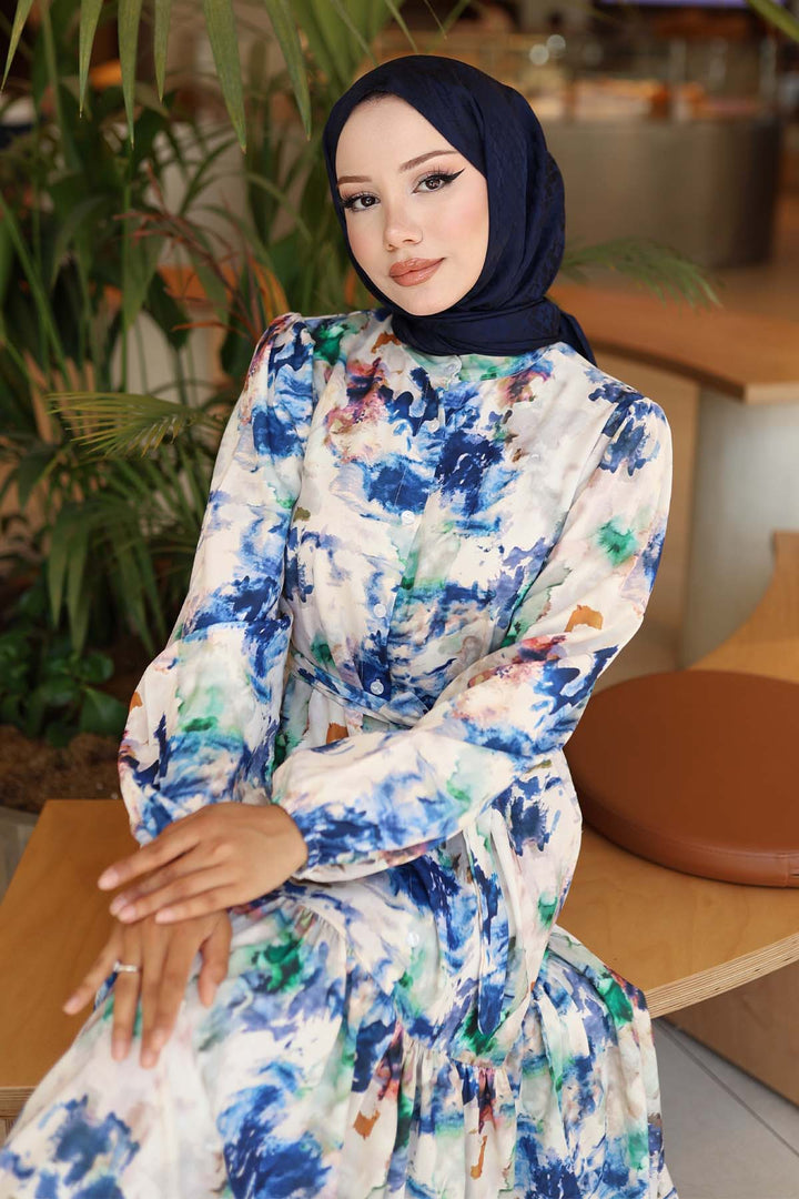 BNG Women Patterned Hijab Dress Navy Blue 565 - Marlborough