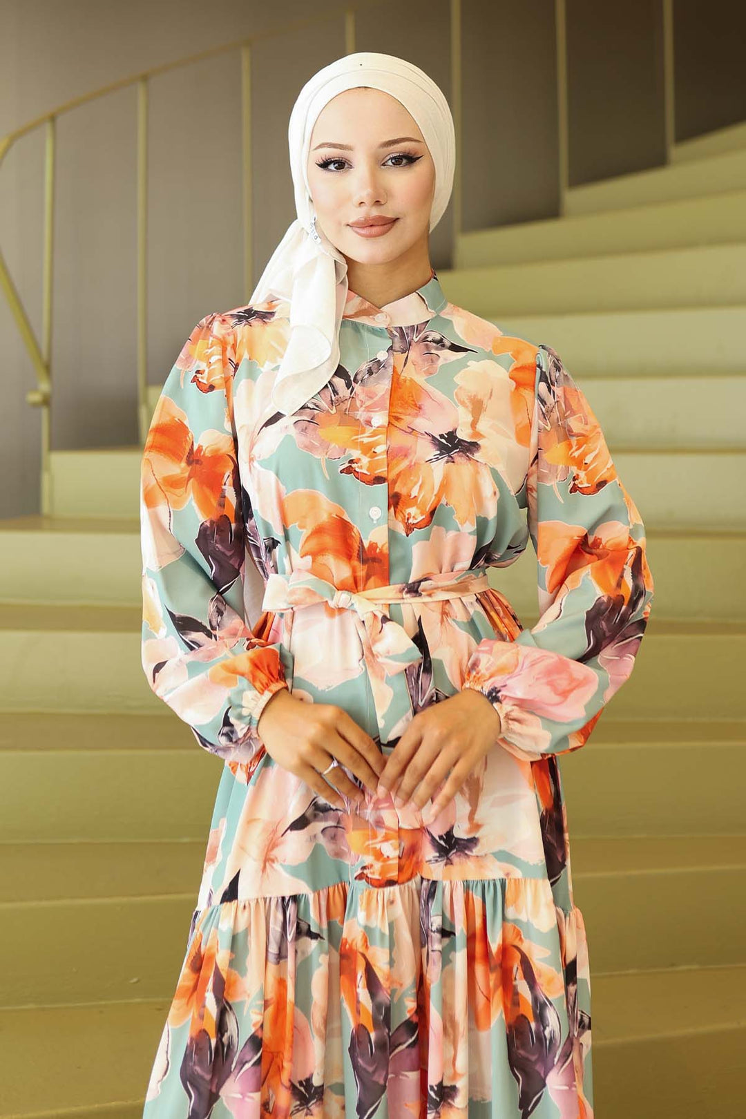 BNG Women Patterned Hijab Dress Orange 565 - Boston