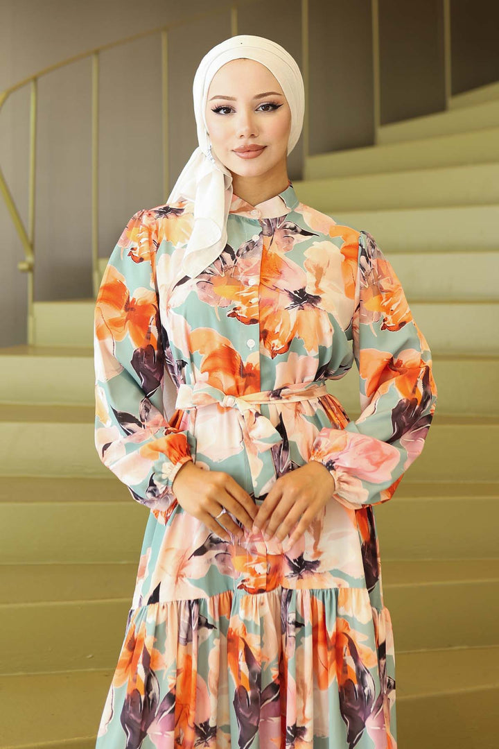 BNG Women Patterned Hijab Dress Orange 565 - Boston