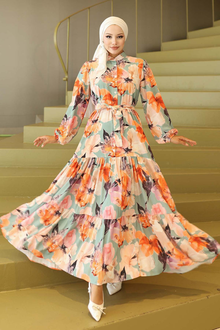 BNG Women Patterned Hijab Dress Orange 565 - Boston