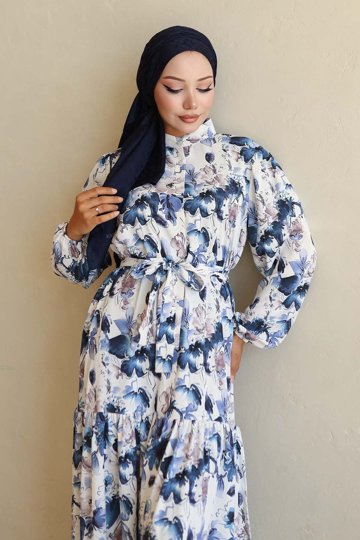 BNG Women Patterned Hijab Dress Navy Blue 566 - Winterthur