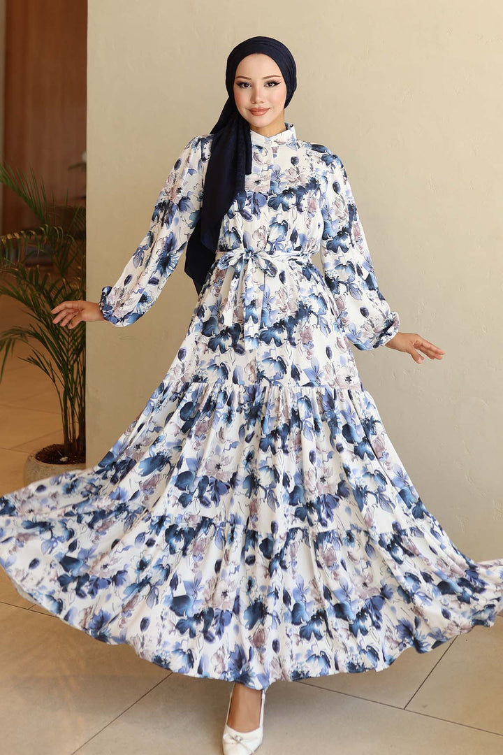 BNG Women Patterned Hijab Dress Navy Blue 566 - Winterthur