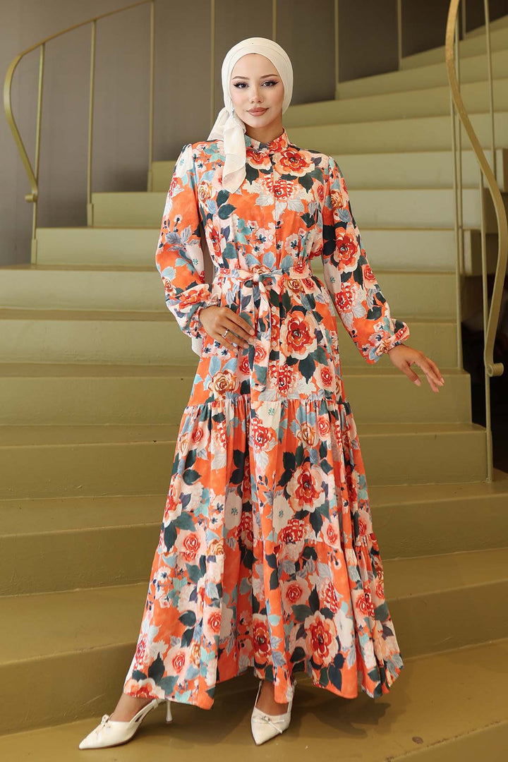 BNG Women Patterned Hijab Dress Orange 566 - San Felipe Orizatlán