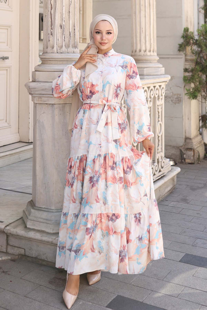 BNG Women Patterned Hijab Dress Beige 567 - Pokrov