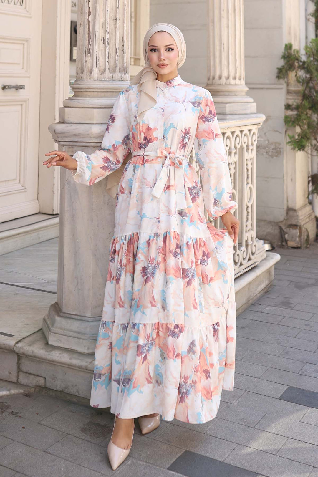 BNG Women Patterned Hijab Dress Beige 567 - Pokrov