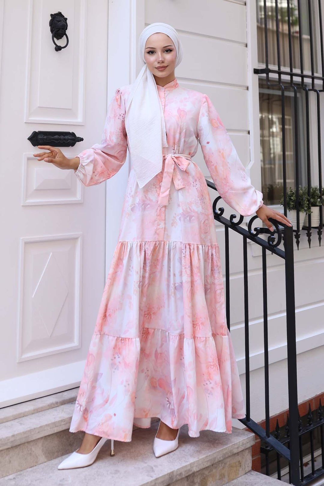 BNG Women Patterned Hijab Dress Powder 567 - Turin