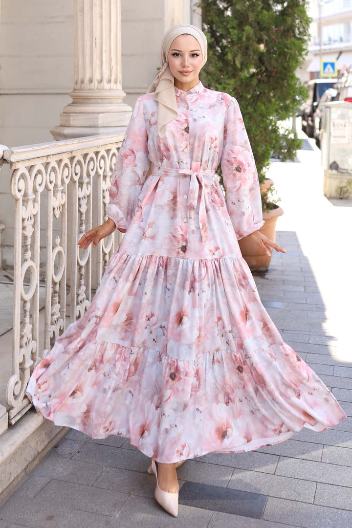 BNG Women Patterned Hijab Dress Powder 568 - Rosemead