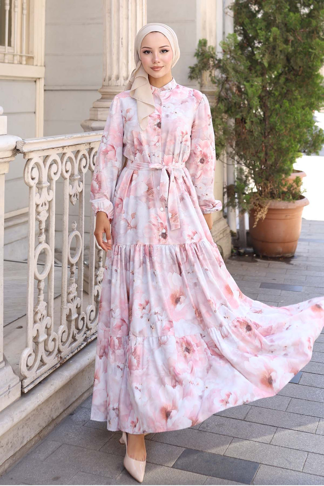 BNG Women Patterned Hijab Dress Powder 568 - Rosemead