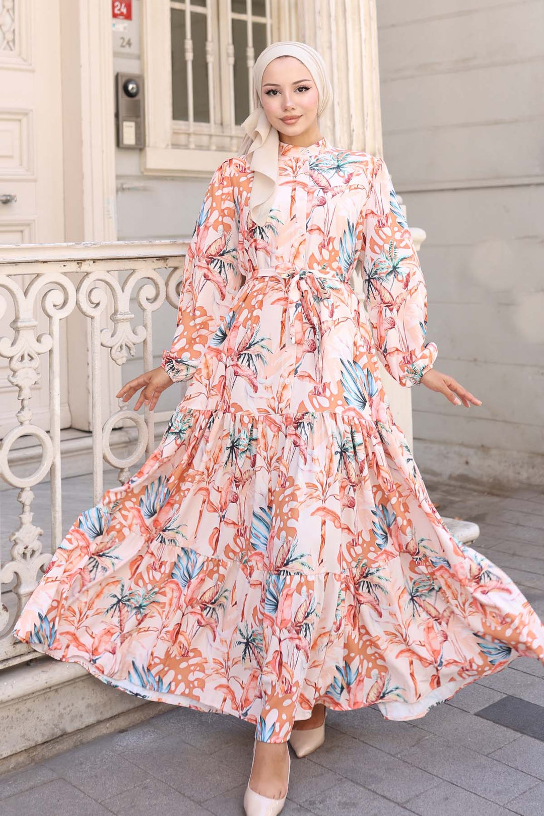 BNG Women Patterned Hijab Dress Orange 571 - Douai