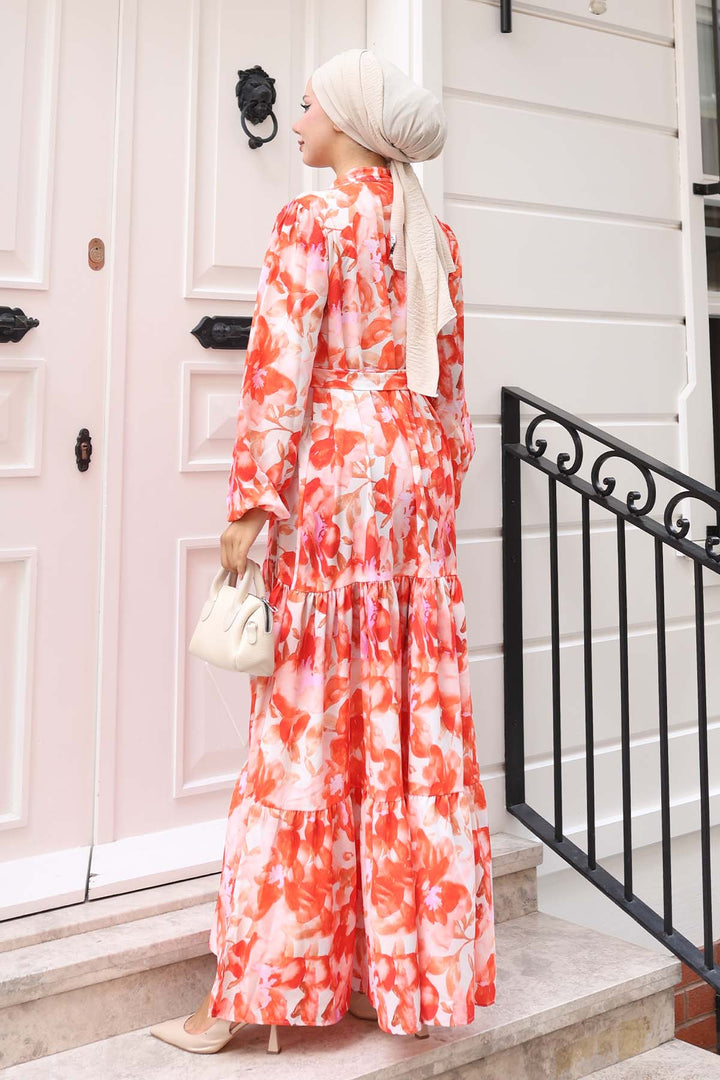 BNG Women Patterned Hijab Dress Orange 576 - Jette