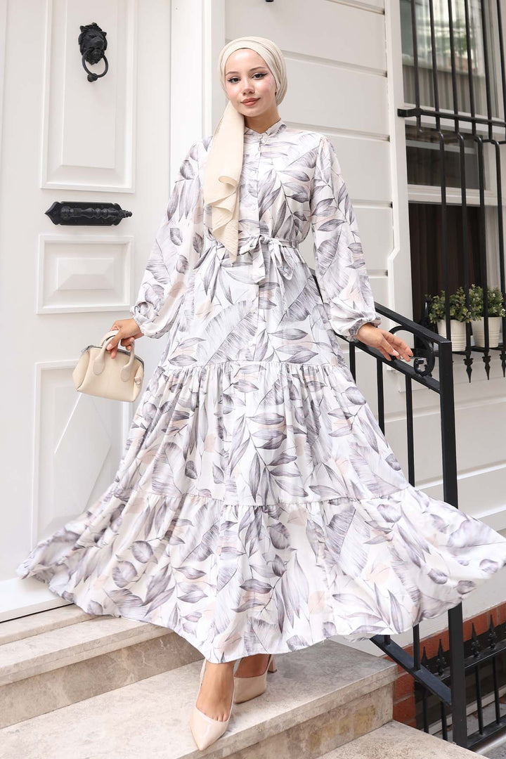 BNG Women Patterned Hijab Dress Beige 577 - Năvodari