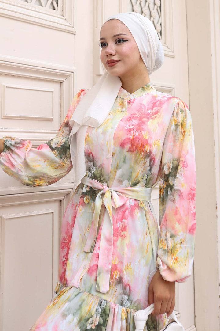 BNG Women Patterned Hijab Dress Powder 579 - Eagan