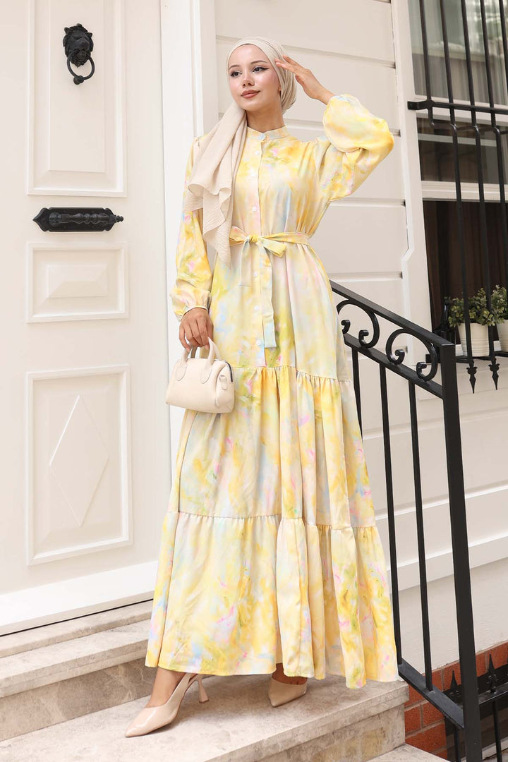 BNG Women Patterned Hijab Dress Yellow 579 - Indian Trail