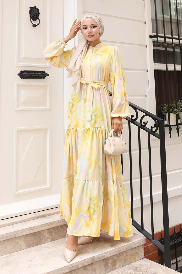 BNG Women Patterned Hijab Dress Yellow 579 - Indian Trail