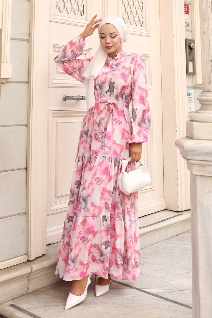 BNG Women Patterned Hijab Dress Pink 581 - Uden