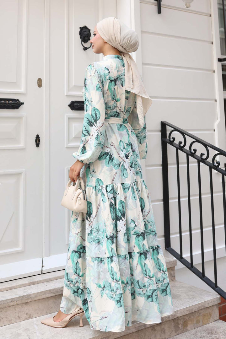 BNG Women Patterned Hijab Dress Green 584 - Trani