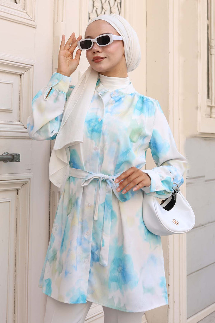 BNG Women Patterned Hijab Shirt Water Green 700 - Santa Ana Chiautempan