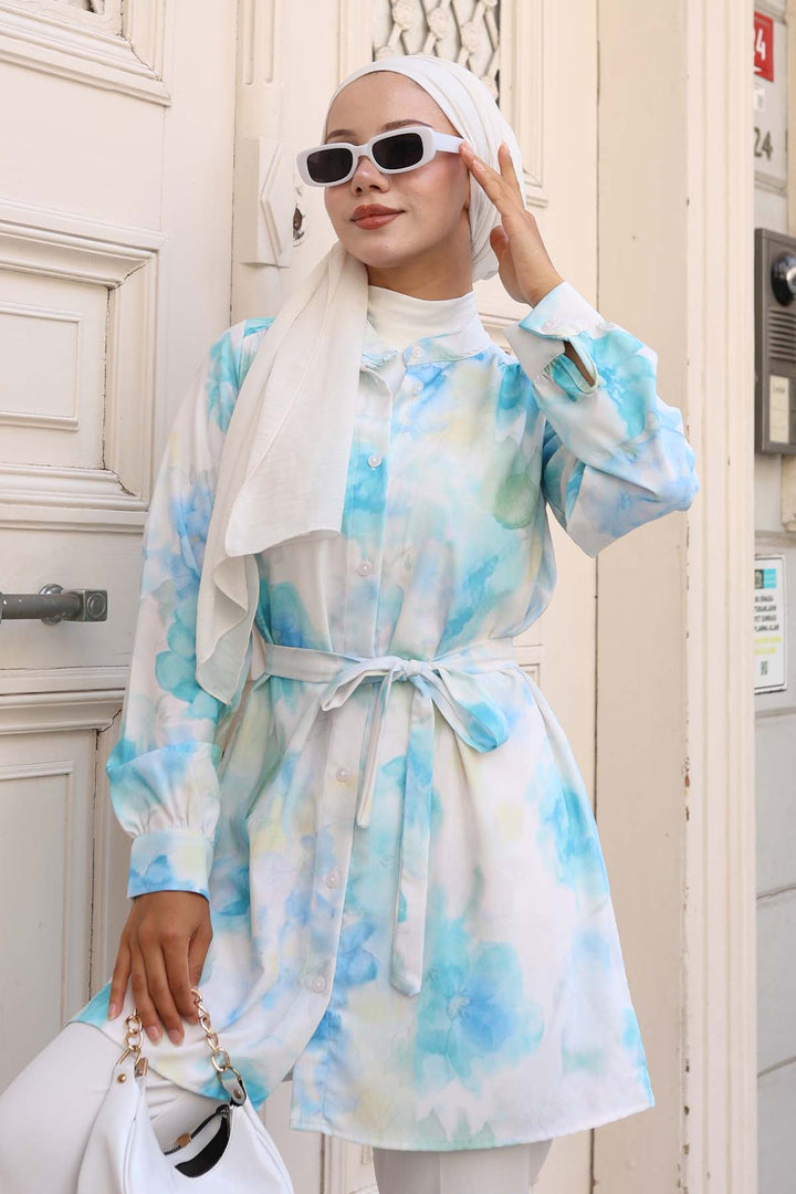 BNG Women Patterned Hijab Shirt Water Green 700 - Santa Ana Chiautempan