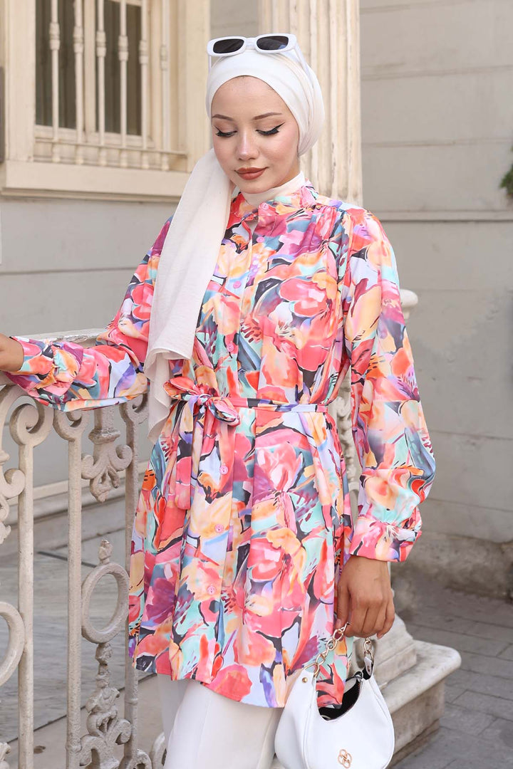 BNG Women Patterned Hijab Shirt Fuchsia 701 - Flower Mound