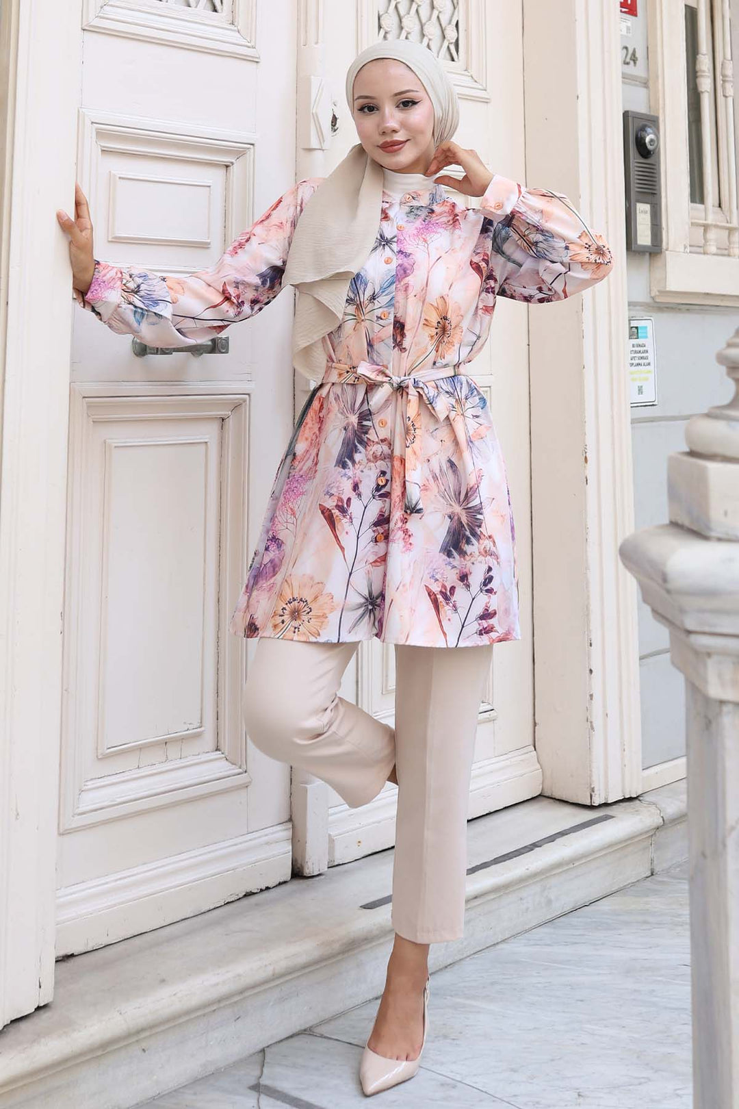 BNG Women Patterned Hijab Shirt Beige 704 - Sherman