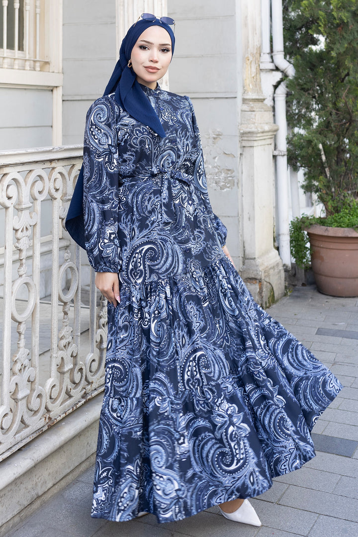 BNG Women Desenli Tesettür Jessica Elbise B587 Lacivert - Heerlen